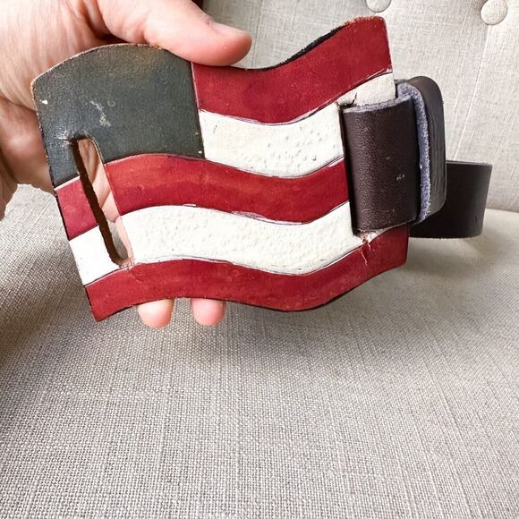 Vintage American Flag Leather Wide Buckle Belt Men's 32/34 Women's XL Unisex - Picture 3 of 12